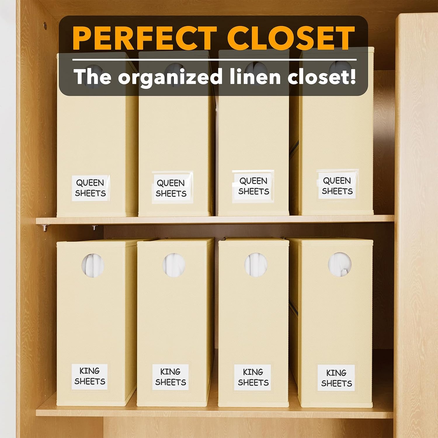 SpaceAid Bed Sheet Organizers - Foldable Linen Closet Storage with Window | XL for Queen & King Size (Beige, 8 Pack)