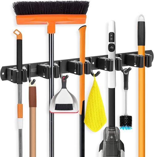 IMILLET Broom Holder Wall Mount - Heavy Duty Stainless Steel Organizer with 5 Racks & 4 Hooks
