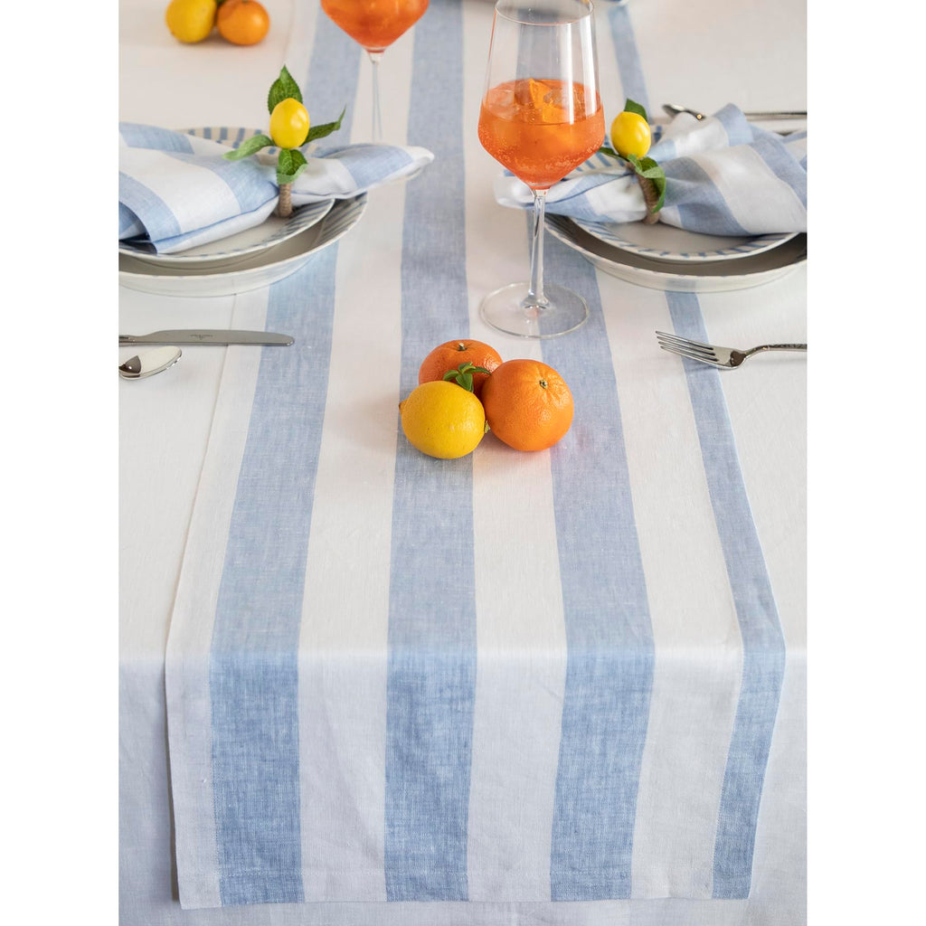 Solino Home Linen Table Runner 108 Inches Long - Cabana Stripe, 100% Pure Linen Sky Blue and White Table Runner 14 x 108 Inch for Dining, Spring, Summer, Mothers Day