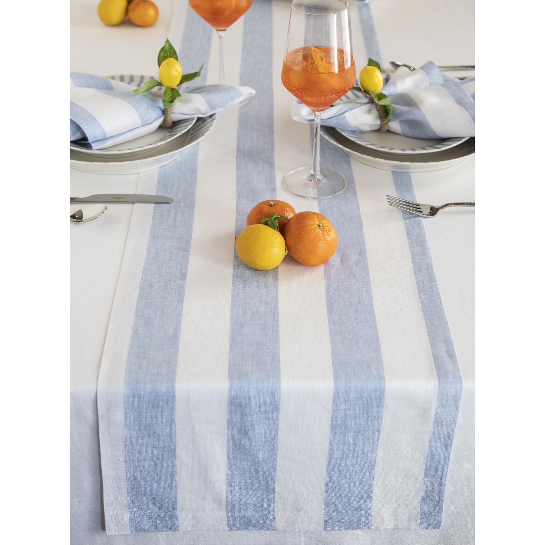 Solino Home Linen Table Runner 108 Inches Long - Cabana Stripe, 100% Pure Linen Sky Blue and White Table Runner 14 x 108 Inch for Dining, Spring, Summer, Mothers Day