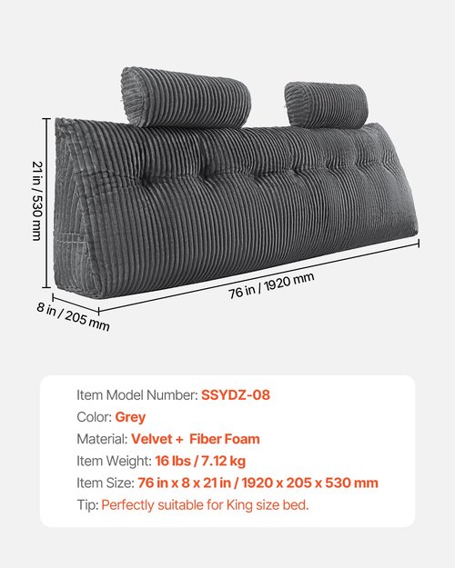 VEVOR Headboard Pillow, King Size Wedge Headboard Pillow with 2 Side Pockets and 2 Headrests, Bed Wedge Pillow with Washable Flannel Cloth, for Reading, Gaming, Resting, Working in Bed, Grey