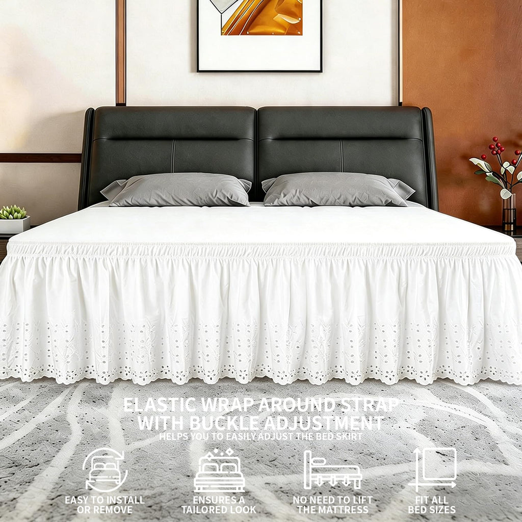 ANARACHON Queen Bed Skirt, Wrap-Around Elastic Ruffled Eyelet Bed Skirt Queen Size Dust Ruffle with Gathered Styling and Embroidered Details, 18" Drop Length (White)