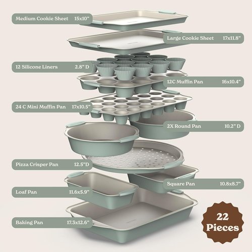 Country Kitchen Nonstick Bakeware Set - Durable 22-Piece Baking Set with Easy Release & Silicone Muffin Cups