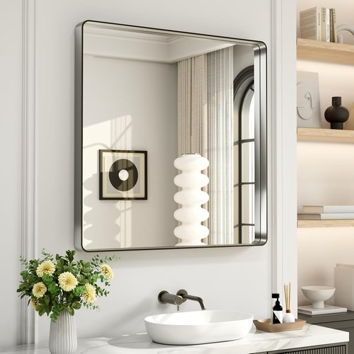LOAAO Brushed Nickel Bathroom Mirror - 38x38 Inch Rounded Rectangle Design | Anti-Rust, Shatter Proof, Versatile Hanging Options