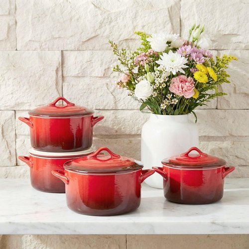 Ceramic Mini Cocotte Set - 17.7 Ounces Casserole Dishes with Lids & Handles | Oven & Microwave Safe, Red Gradient
