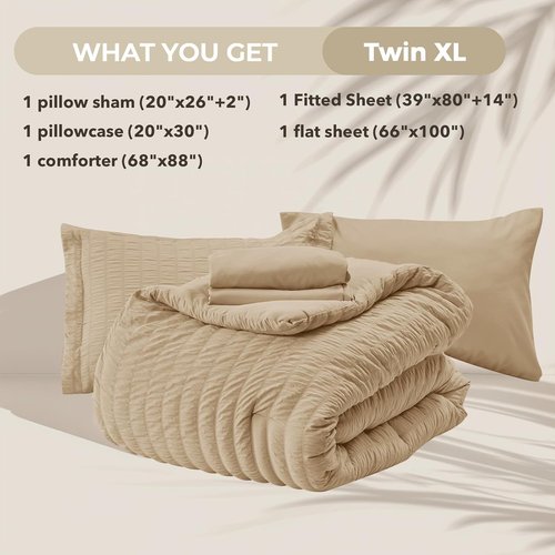 HYMOKEGE Twin XL Comforter Set - Luxury 5-Piece Seersucker Bedding Set in Khaki for All Seasons