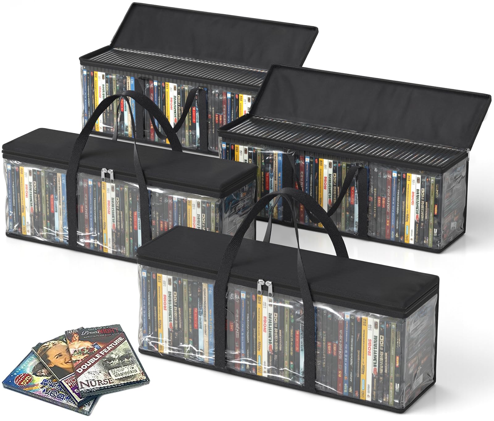 DVD Storage Bags, Media Organizer Bags for DVDs, CDs, Blu Ray Disc, Movie Cases, VHS Box, Video Game Disks, Albums, Books, Clear Plastic Holders with Carrying Handles (Black, 4Pack)
