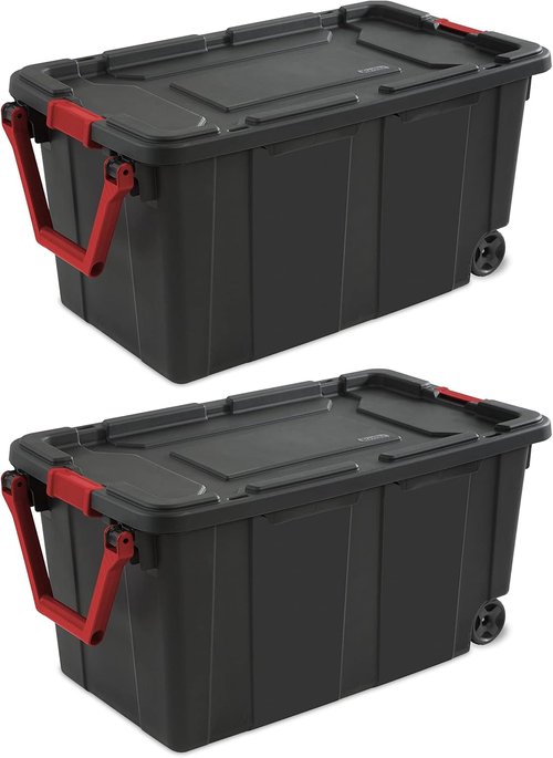 40 Gallon Wheeled Industrial Storage Tote - Heavy-Duty Plastic with Latch Lid & Pull Handle | Blue, 2 Pack