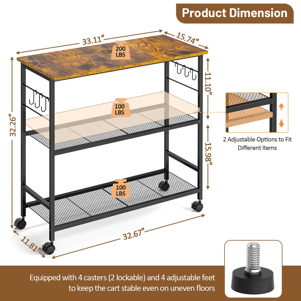 3 Tier Rolling Kitchen Microwave Cart, 33 Inch Microwave Table Stand with Adjustable Shelf, Kitchen Storage Island Utility Cart on Lockable Wheels, Bakers Rack Coffee Bar for Living Room, Office