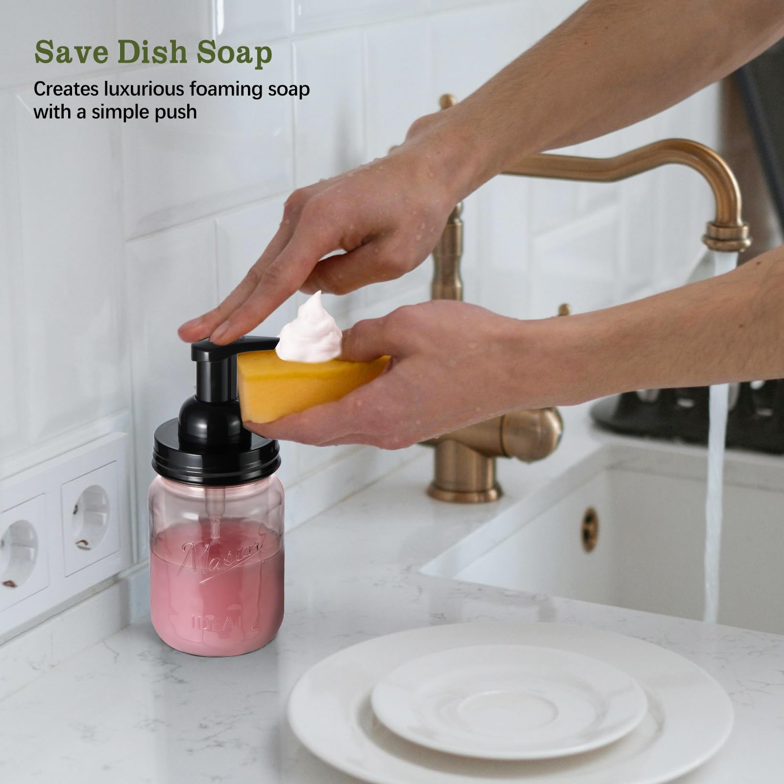 Amolliar Plastic Foaming Soap Dispenser with Pump Lid, 16Oz Refillable Foam Hand Soap Dispenser Set, Clear Dish Soap Bottles with Waterproof Lable for Farmhouse Kitchen Bathroom (2 Pack, Black)