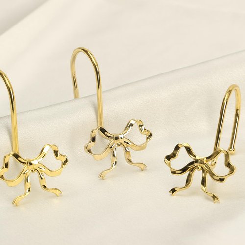 Kreapa Gold Bow Shower Curtain Hooks, 12 Pcs Metal Gold Shower Curtain Hooks for Bathroom Decor, Elegant and Rustproof, Suitable for Standard Showers Curtains Rods