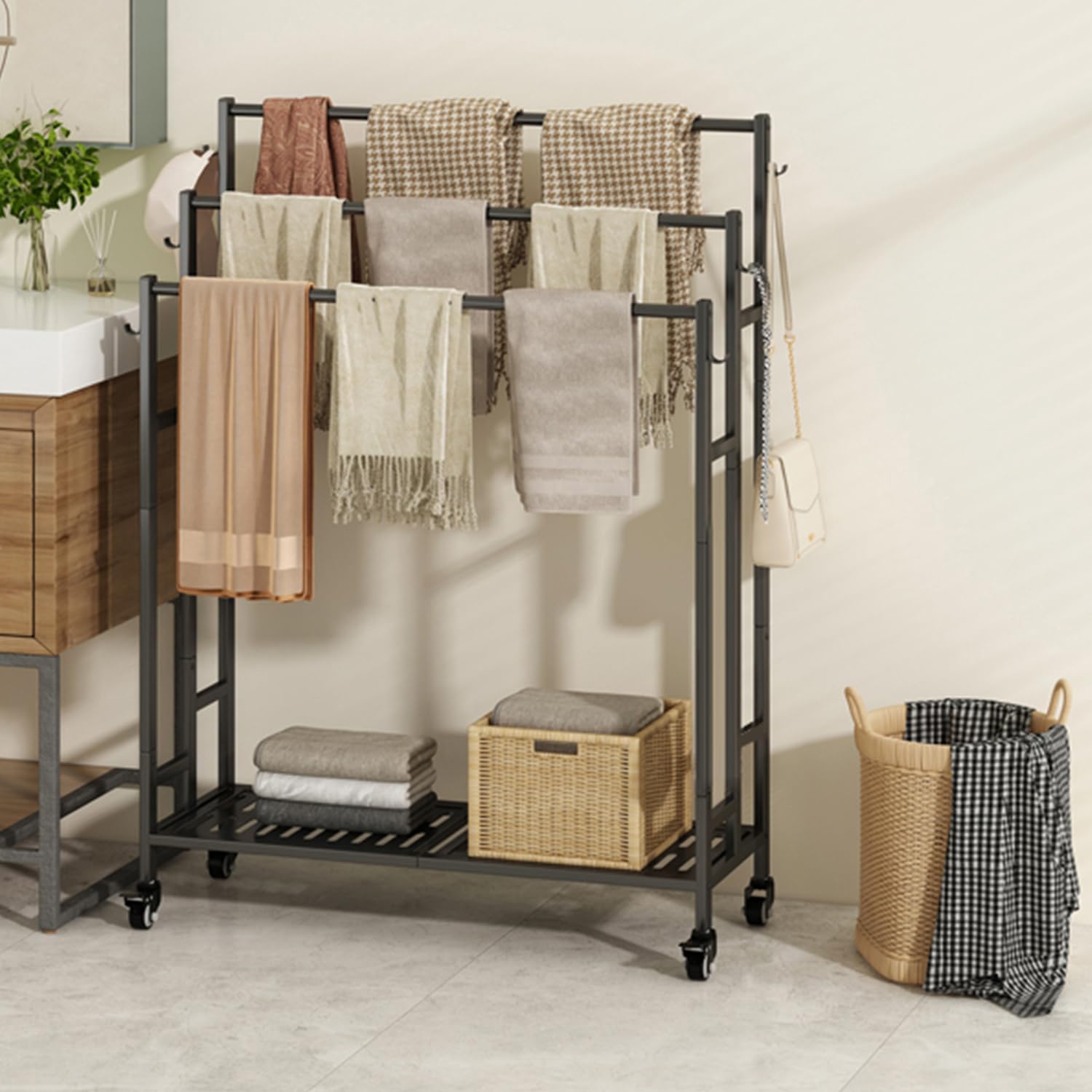 SORCEDAS Towel Rack 3 Tier Free Standing Metal Towel Stand with Storage Shelf and Wheel for Extra Large Towel Blanket Drying (Black)