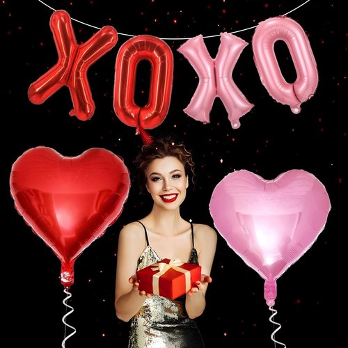 Froova Red XOXO Heart Balloons 6 Pcs Valentines Day Balloons Red Pink Gold Heart Shaped Balloon XOXO Balloon Letters for Girls Women Anniversary Sweet Valentine Day Romantic Decor Special Night Party