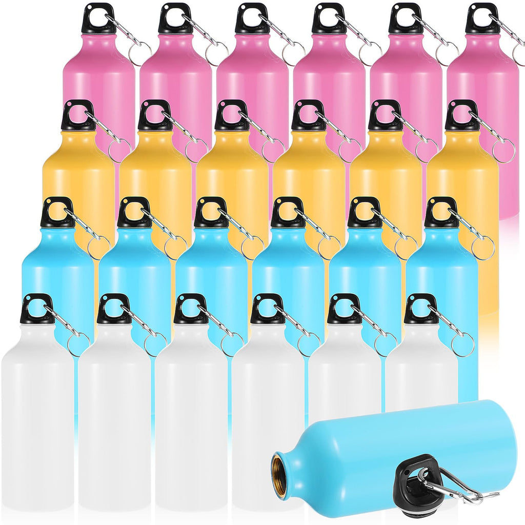 Nuogo 24 Pack Aluminum Water Bottle Bulk 20 oz Reusable Metal Water Bottle Lightweight Leak Proof Aluminum Sports Bottles with Twist Cap and Buckle for Bike Travel Camping(Pink, Blue, White, Yellow)