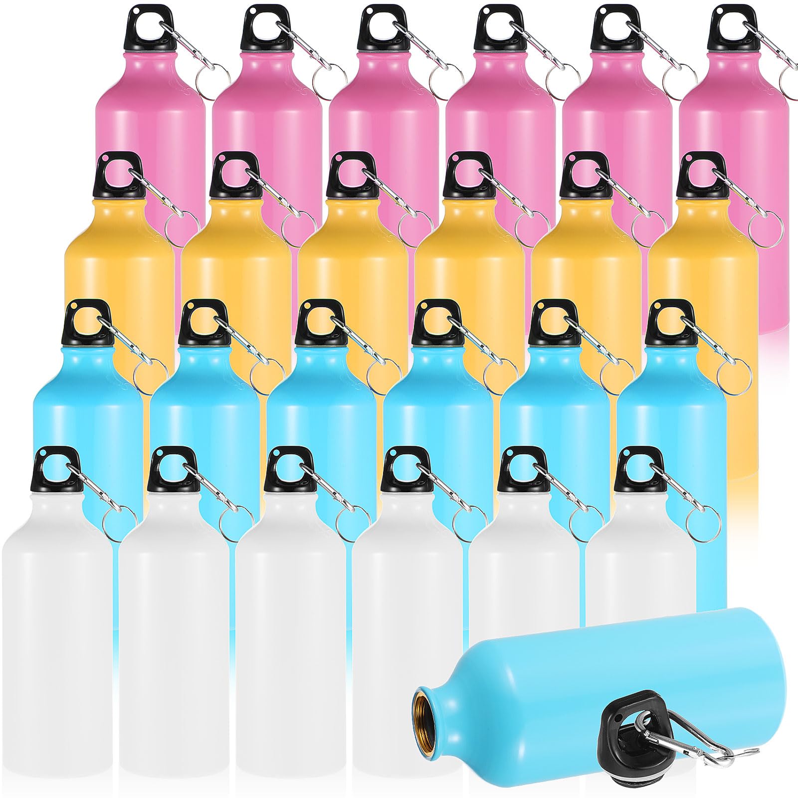 Nuogo 24 Pack Aluminum Water Bottle Bulk 20 oz Reusable Metal Water Bottle Lightweight Leak Proof Aluminum Sports Bottles with Twist Cap and Buckle for Bike Travel Camping(Pink, Blue, White, Yellow)