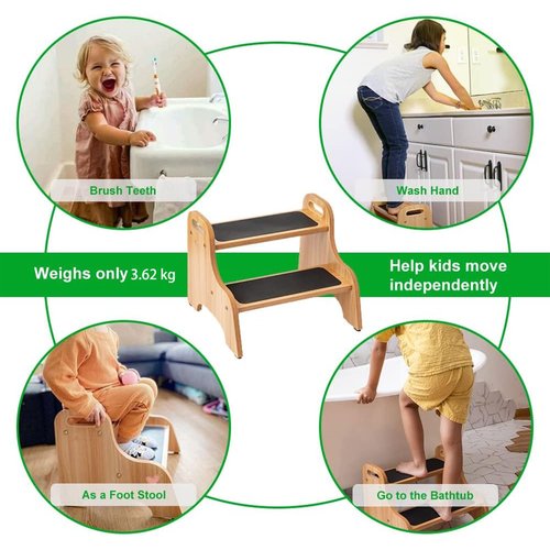 StrongTek Wooden 2 Step Stools for Kids, Safe Non-Slip Surface with Handles, 350 lbs Capacity, Portable Toddler Stepping Stool for Bathroom Kitchen and Bedroom (Natural)
