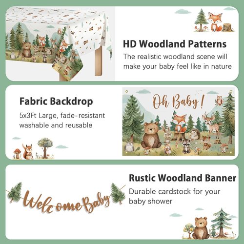 Woodland Baby Shower Decorations, Woodland Animals Themed Decor with Balloon Garland Arch | Baby Box | Tablecloth | Banner | Cake Topper for Neutral Forest Party