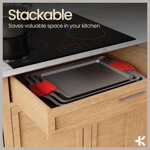 BAKKENMASTER 18-Piece Kitchen Oven Baking Set: Nonstick Gray Marble Coating, Carbon Steel Bakeware, Silicone Handles, Dishwasher Safe, Professional Quality, PFOA-Free