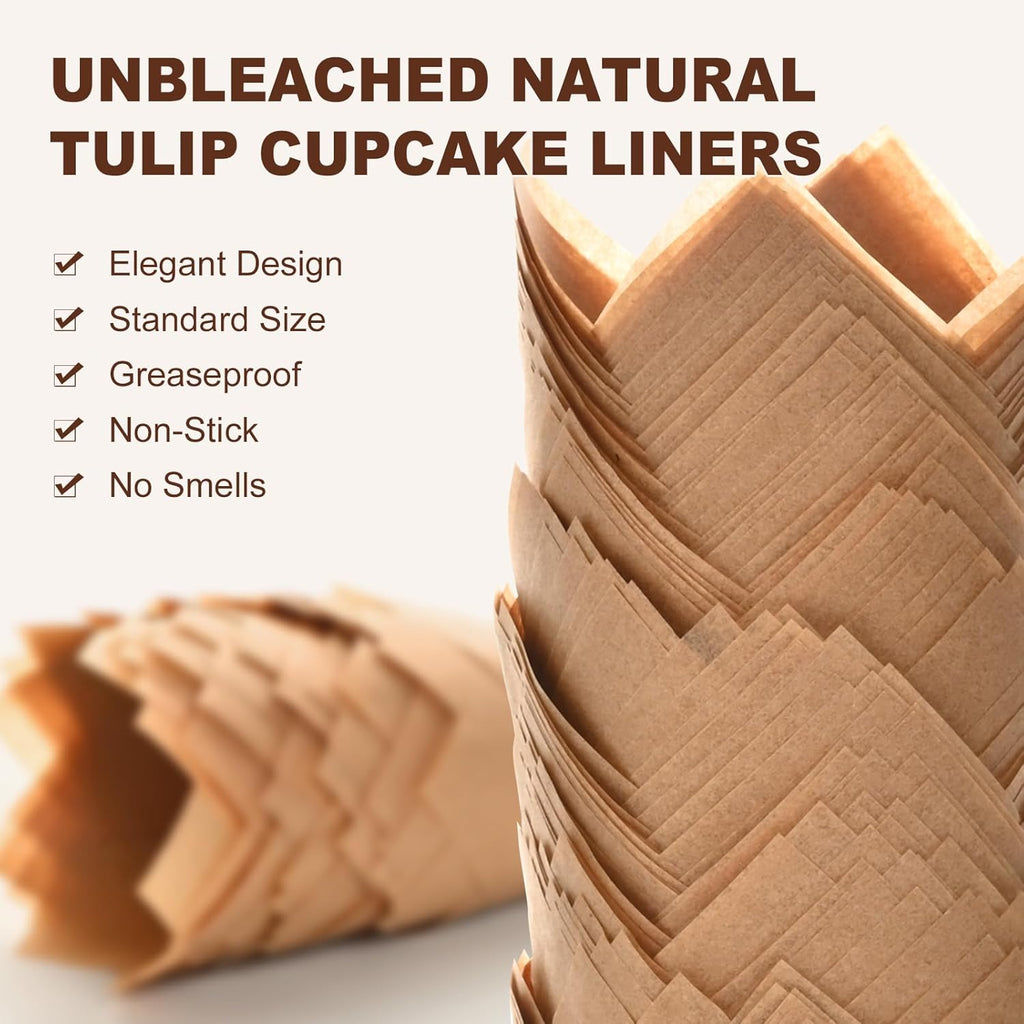 Natural Tulip Cupcake Liners - Unbleached Parchment Muffin Wrappers | 200 Greaseproof Cups for Parties