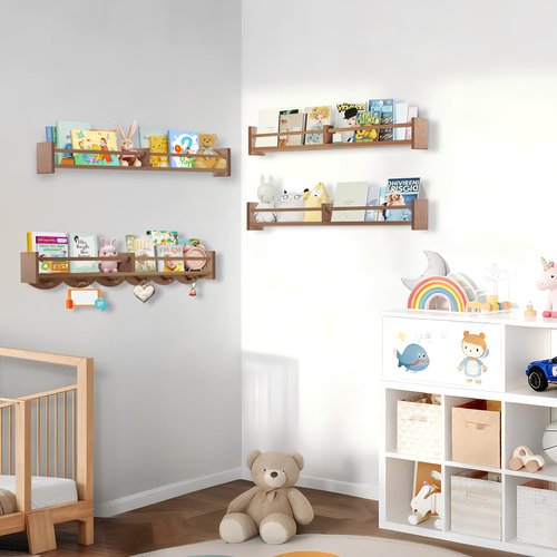 Dixryaus 34Inch Nursery Book Shelves Wall Mounted, Floating Book Shelf for Kids Coat Rack with 6 Hooks, Wall Hanging Shelf for Baby Nursery Room Organizer ，Patent Number:US-D1058229-S(4, Light Brown)