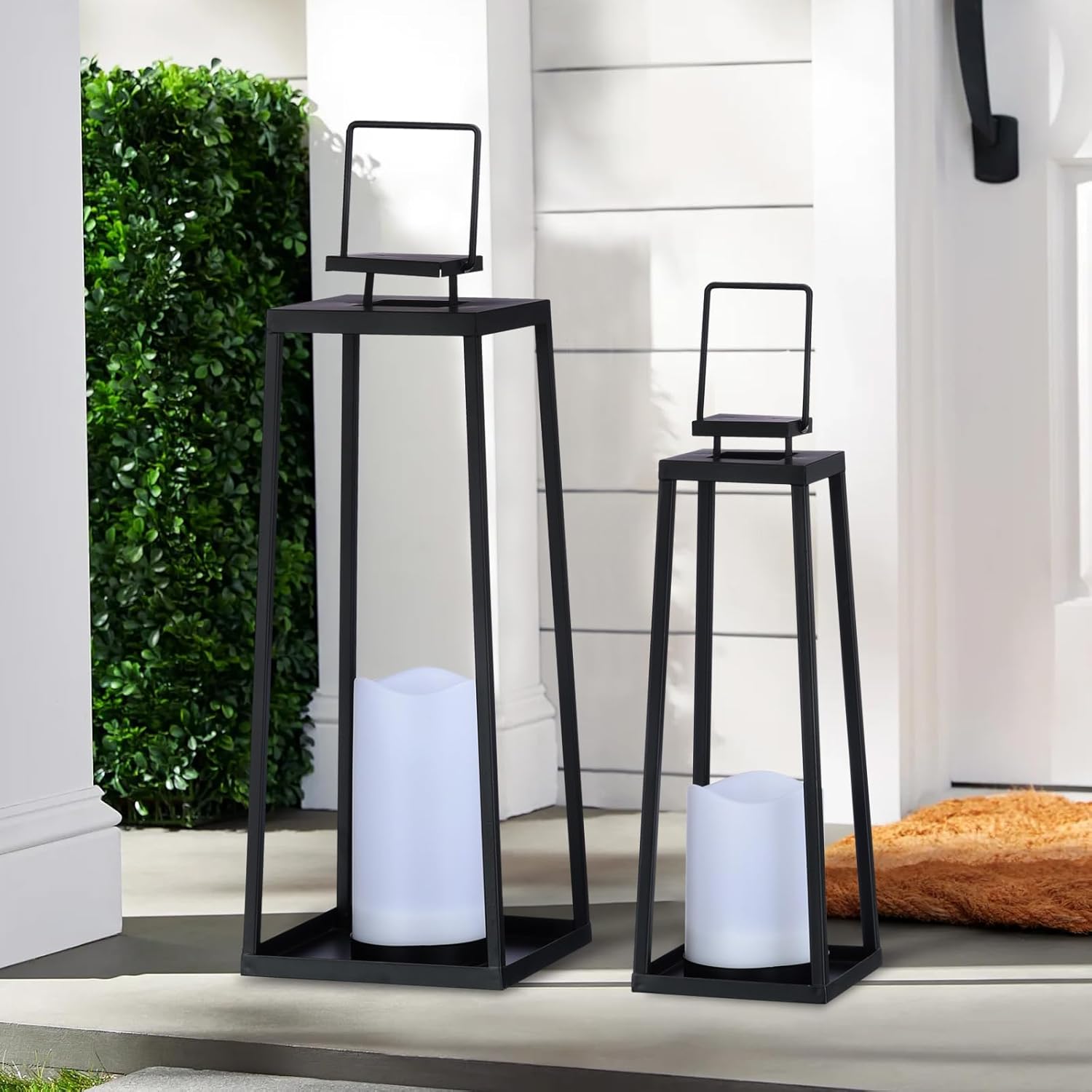 Skiennix Solar Lantern Set of 2 - Modern Black Metal Lanterns with Solar Candles | 18’’ & 15’’ for Outdoor Decor