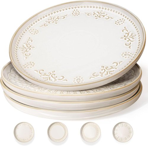 Artena Large Ceramic Dinner Plates - Set of 4, 10.75 Inch Embossed Kitchen Salad Plates | Microwave & Dishwasher Safe