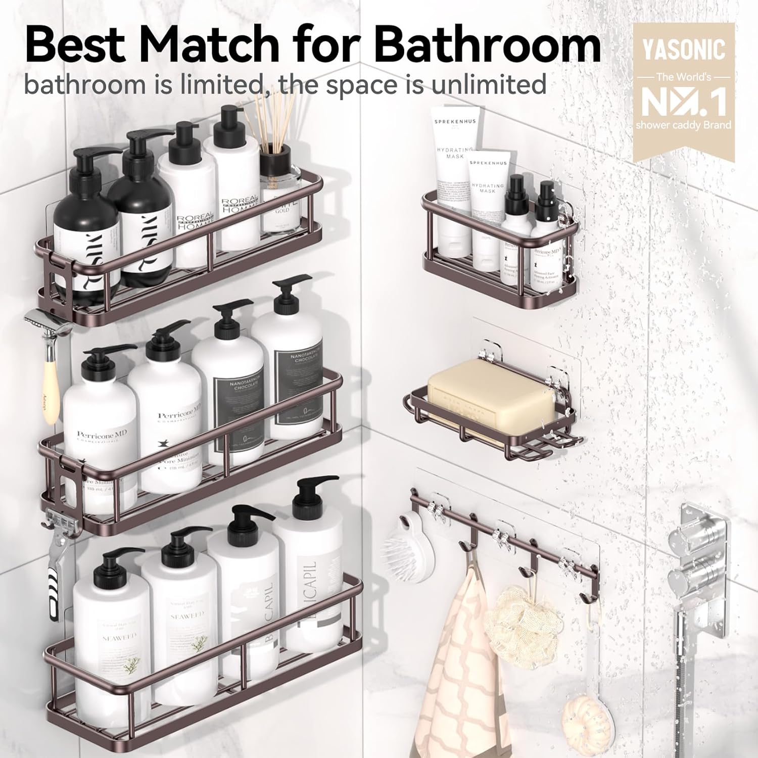 YASONIC Shower Caddy - 6 Pack Large Capacity Organizer with Soap Holder & 12 Hooks | Rustproof Bronze XL