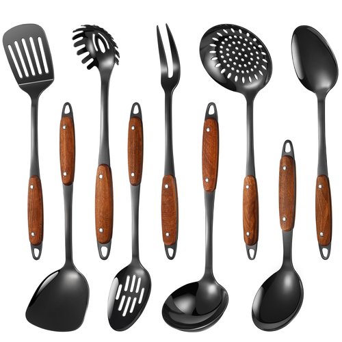 304 Stainless Steel Cooking Utensils Set,9PCS Metal Kitchen Utensils Set with Wooden Handle,Solid Spoon,Spatula,Ladle,Skimmer,Spaghetti Spoon,Dishwasher Safe(Black)