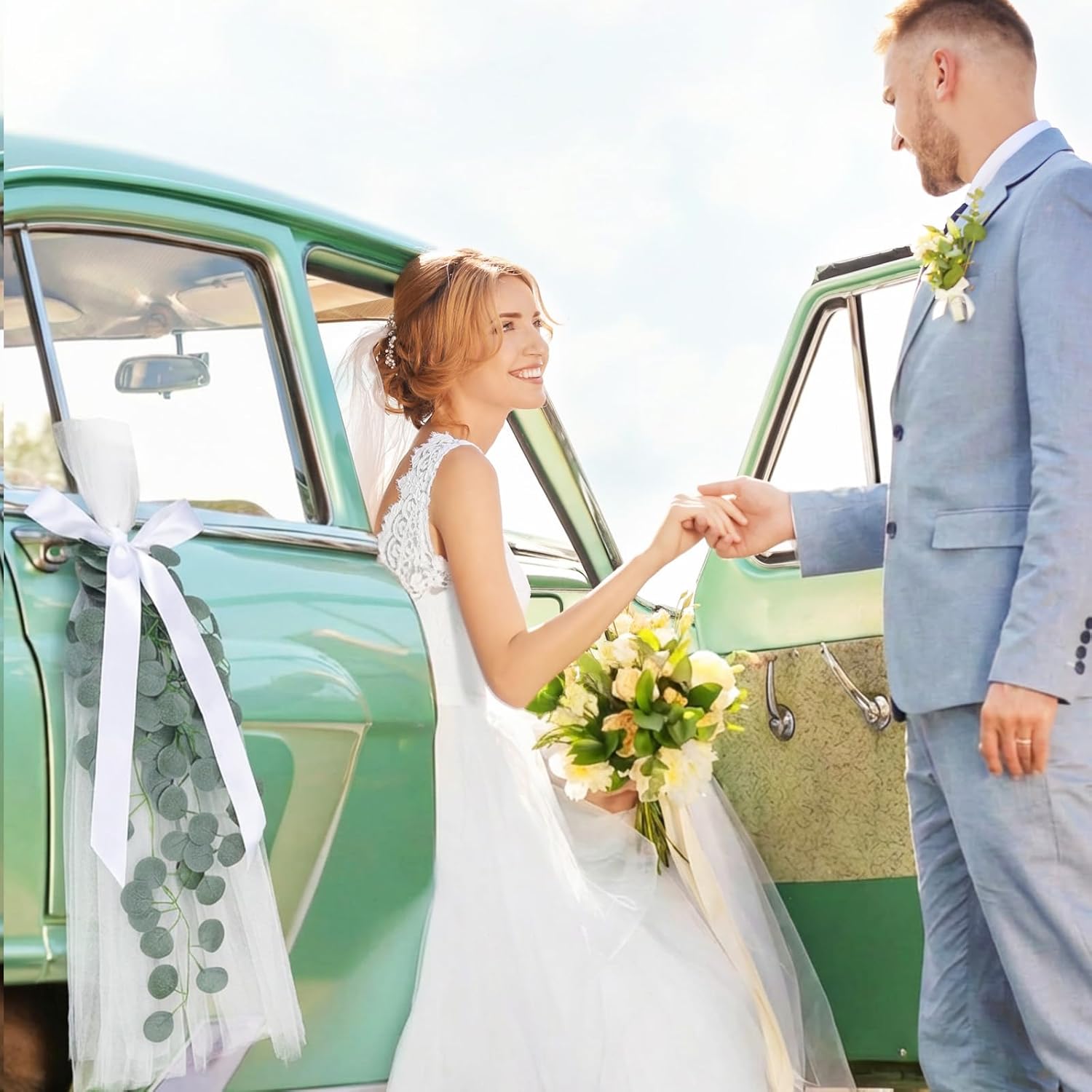 Skiennix Wedding Chair Decorations - 24 White Tulle Sashes with Ribbon Bows & Eucalyptus Vines | Perfect for Aisle & Ceremony