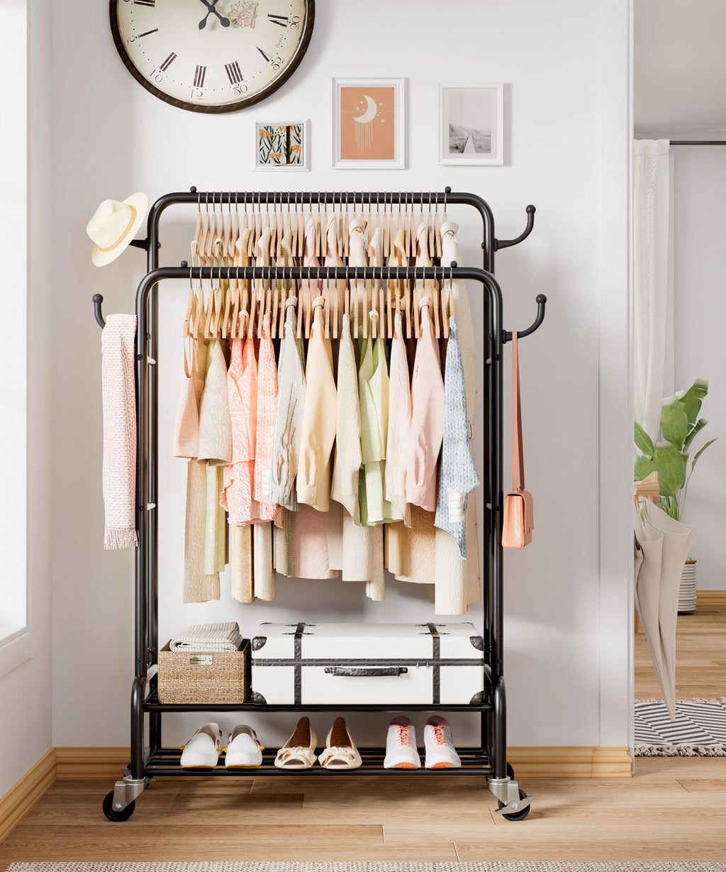Homde Heavy Duty Clothes Rack: 265lb Rolling Double Rod Garment Hanging - Metal Coat Organizer Storage Display Shelf on Wheels for Bedroom Laundry