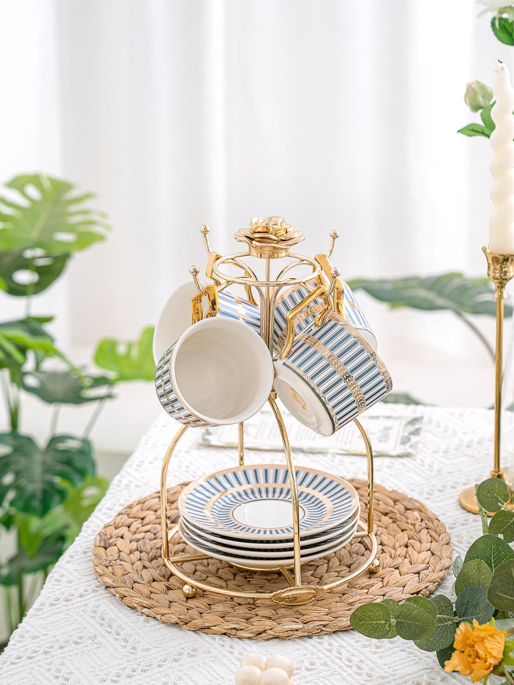 CwlwGO-Ceramic Coffe Cups and Saucer Sets,British Bone China Blue Gold Tea Cup and Saucers Service for 4,Gifts Box, China Tea Set, Tea Sets for Women and Adults.