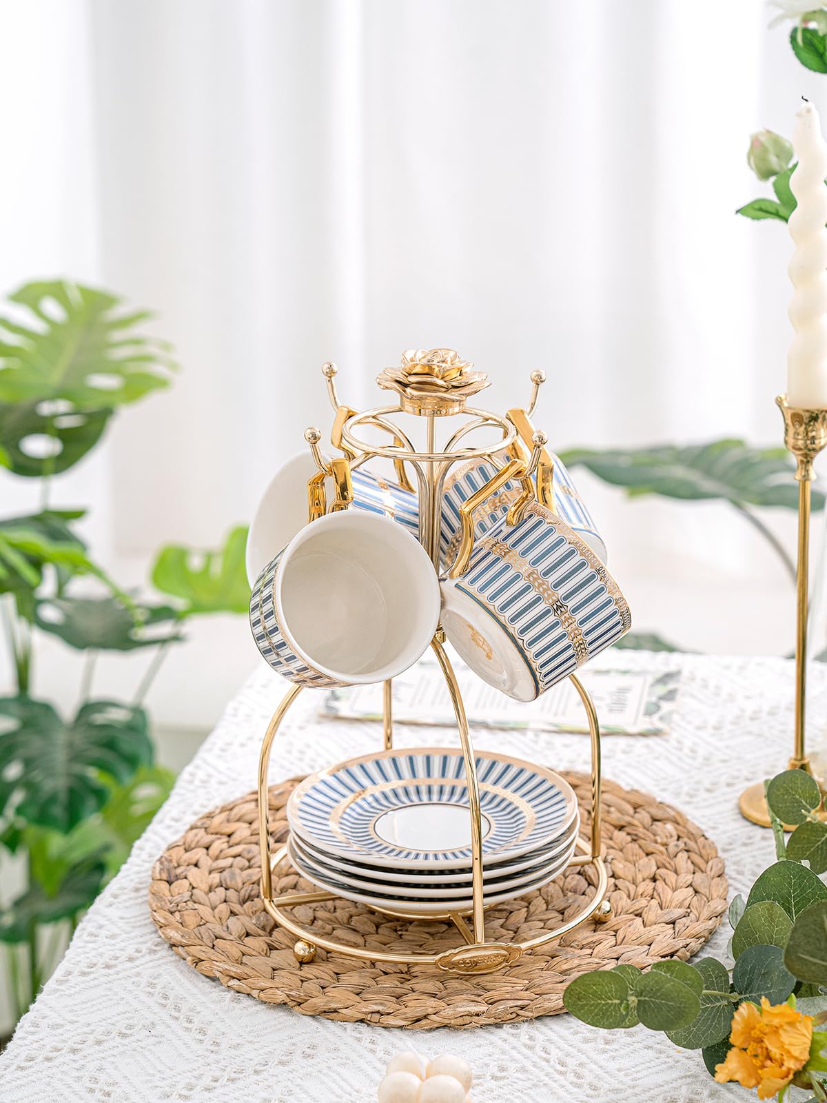CwlwGO-Ceramic Coffe Cups and Saucer Sets,British Bone China Blue Gold Tea Cup and Saucers Service for 4,Gifts Box, China Tea Set, Tea Sets for Women and Adults.