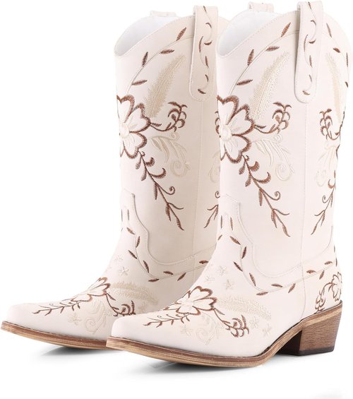 LingxiaUne Western Cowboy Boots - Stylish White Mid Calf Cowgirl Boots with Bow | Comfortable Chunky Heel for Women