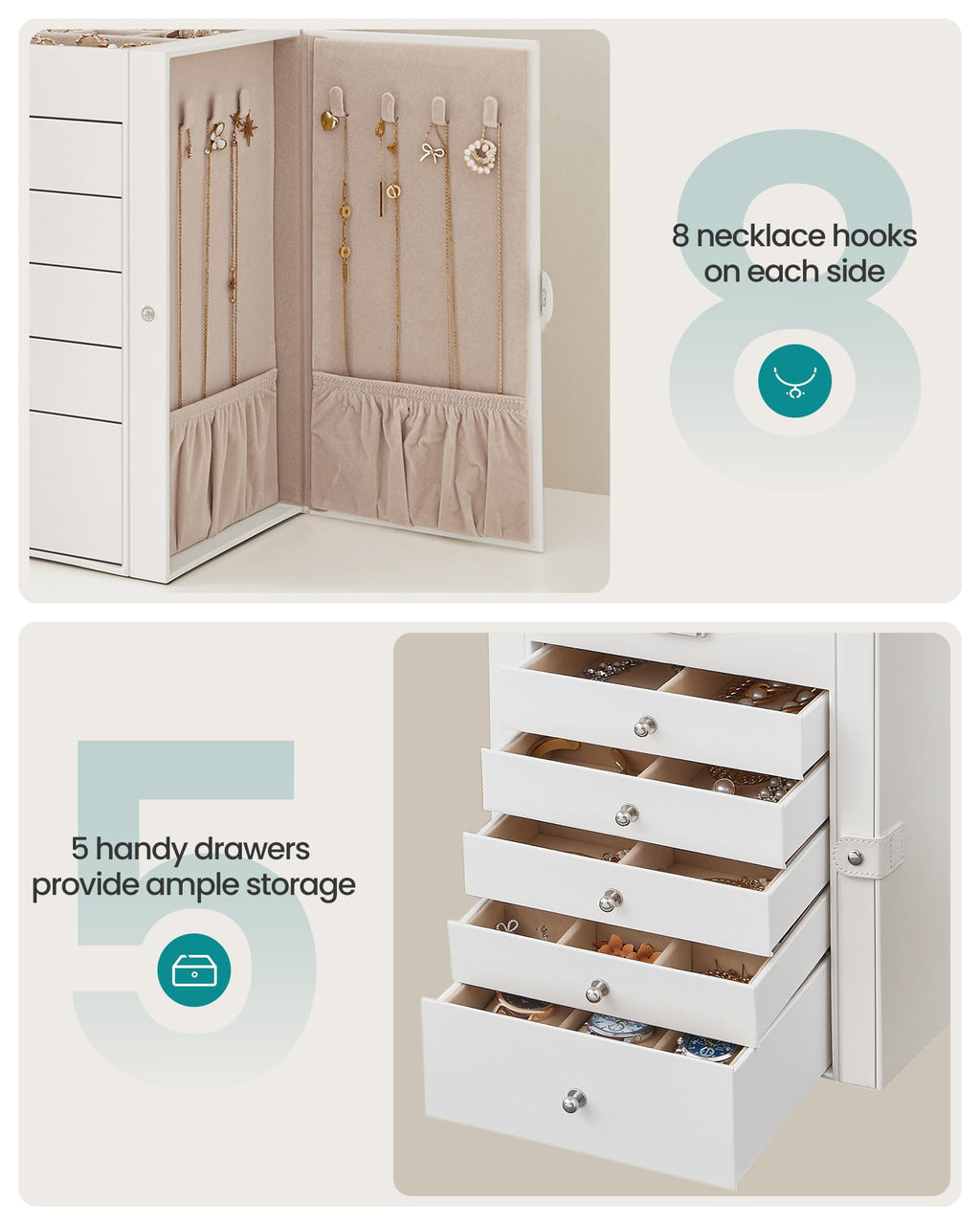 SONGMICS 6-Layer Jewelry Box Organizer with 5 Drawers, Jewelry Storage Case with Lock and Mirror, Large Storage Capacity, Gift for Loved Ones, for Necklaces, Watches, White UJBC152W01