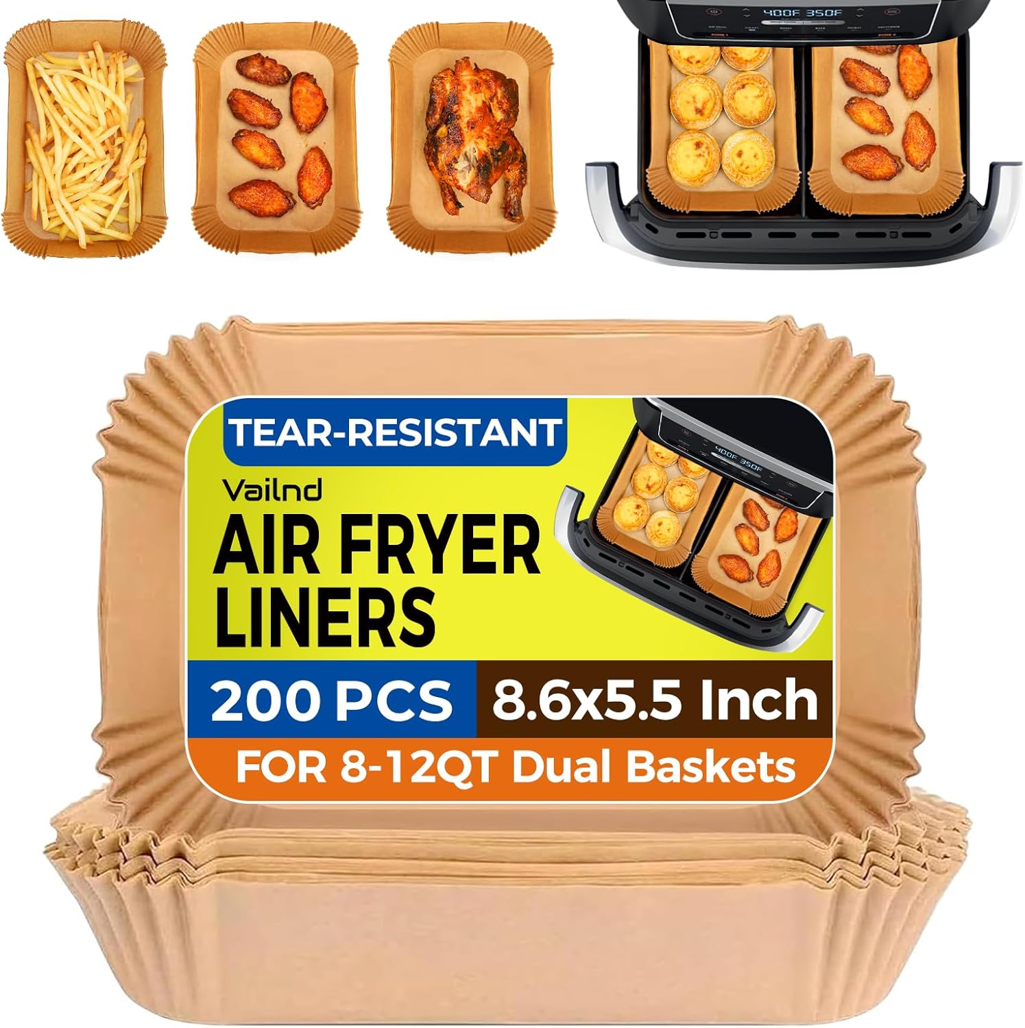 Vailnd Disposable Air Fryer Liners - 200 Pcs Oil-Proof Parchment Paper for Ninja & Chefman | 8.6x5.5 Inch