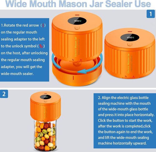 LOVE MOMENT Electric Mason Jar Vacuum Sealer Kit - Ideal for Wide & Regular Mouth Jars - Orange