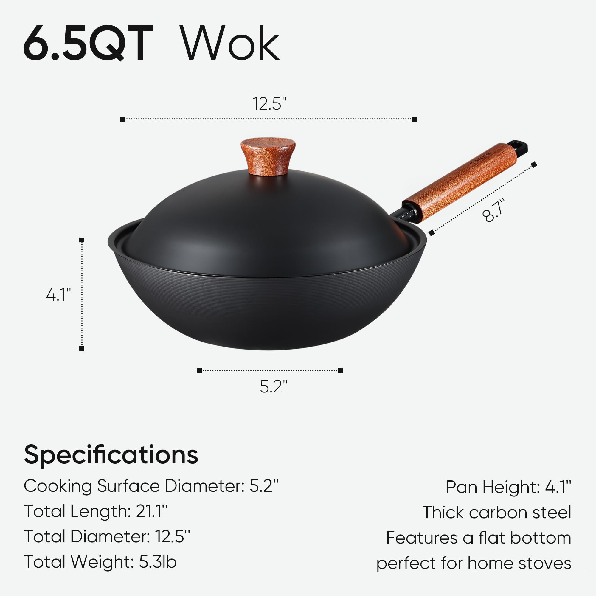 CAROTE 12.5" Carbon Steel Wok Pan, 6.5QT Woks & Stir-fry Pans Nonstick, No Chemical Coated Pre-Seasoned Flat Bottom Wok with Lid for Stir Fry, Chinese Cast Iron Wok Cooking Pan All Stovetop Compatible