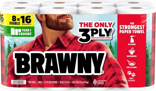 Brawny 3-Ply Paper Towels - Strong & Absorbent Tear-A-Square | 8 Double Rolls (16 Regular Rolls)