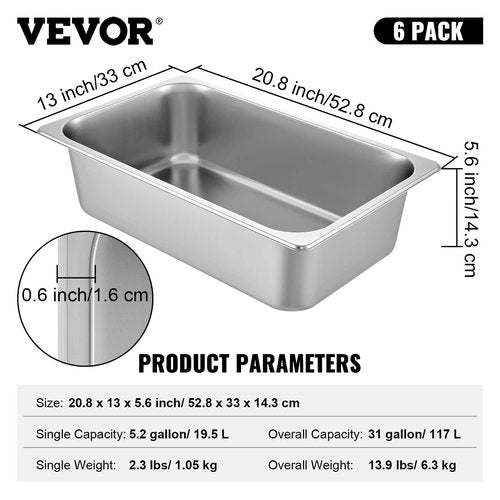 VEVOR 6 Pack Hotel Pans, Full Size 6-Inch, Stainless Steel Steam Table Pans，Anti-Jam Catering Trays for Steam Tables, for Home, Party, Restaurant, Hotel, Buffet