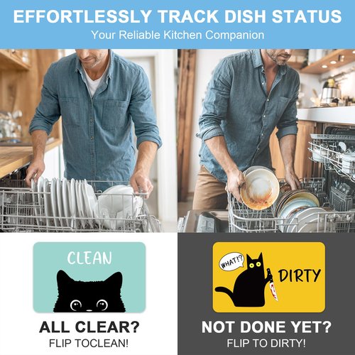Funny Black Cat Cartoon Clean Dirty Dishwasher Magnet, Washing Machine Magnets Flip, Cute Cat Refrigerator Clean Dirty Sign, Double Sided Reversible Non Scratch Dish Washer Magnet Sign (Green&Yellow)
