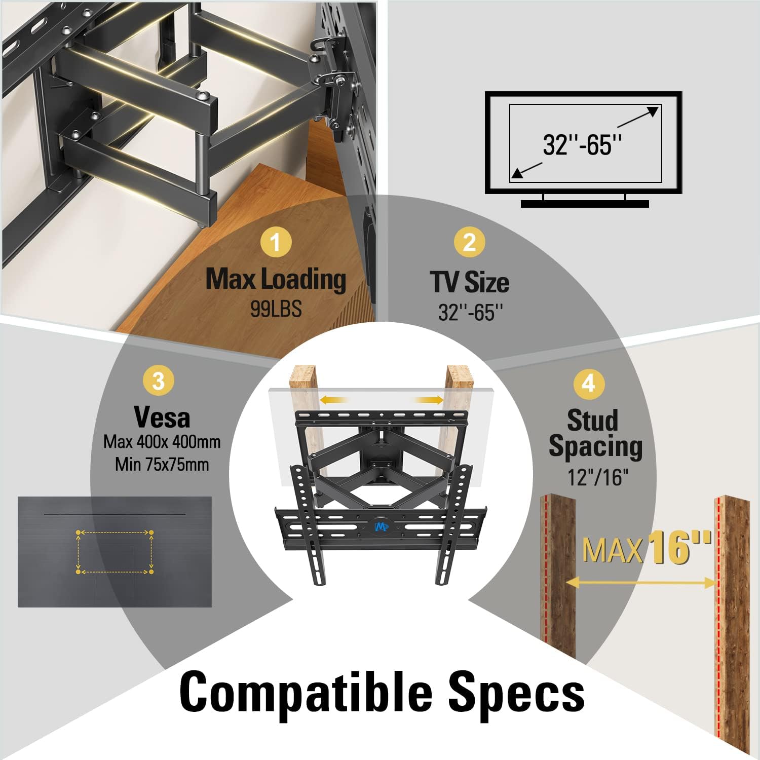 Mounting Dream Full Motion TV Wall Mount MD2380 - Fits 26-65 Inch TVs, Max VESA 400x400mm, 99 LBS Capacity | Includes Sound Bar Mount Up to 15 LBS