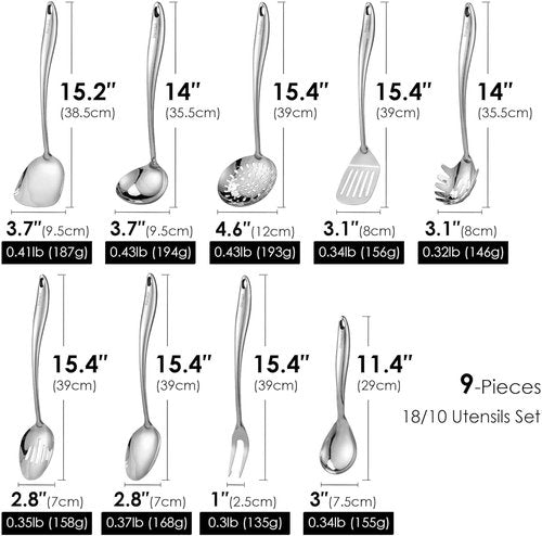 304 Stainless Steel Kitchen Utensil Set - 9-Piece Cooking Tools with Solid Spoon, Spatula & Fork