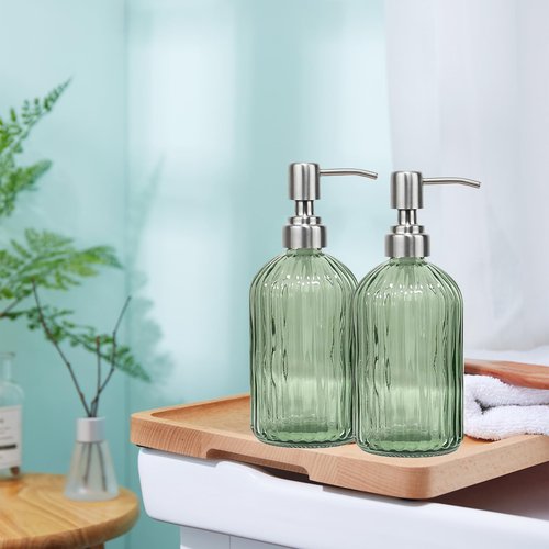 14Oz Green Soap Dispenser Bathroom - 2 Pack, Clear Glass Hand Soap Dispensers with Stainless Steel Pump, Refillable Dish Soap Dispenser for Kitchen, Countertop Soap Dispensers