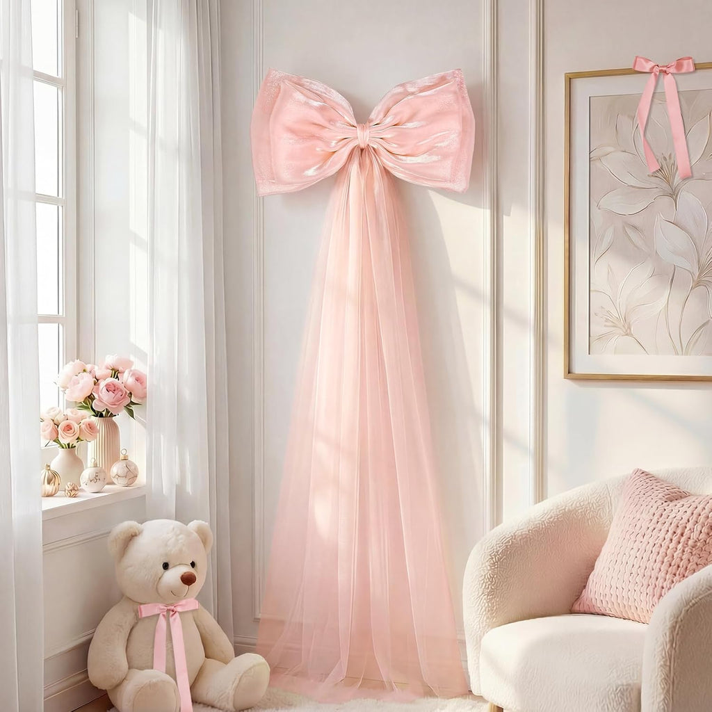 Skiennix 13Pcs Large Pink Pearl Silk Satin Bow Set - 17x55 Inch Giant Bow & 12 Small Satin Bows for DIY Decor