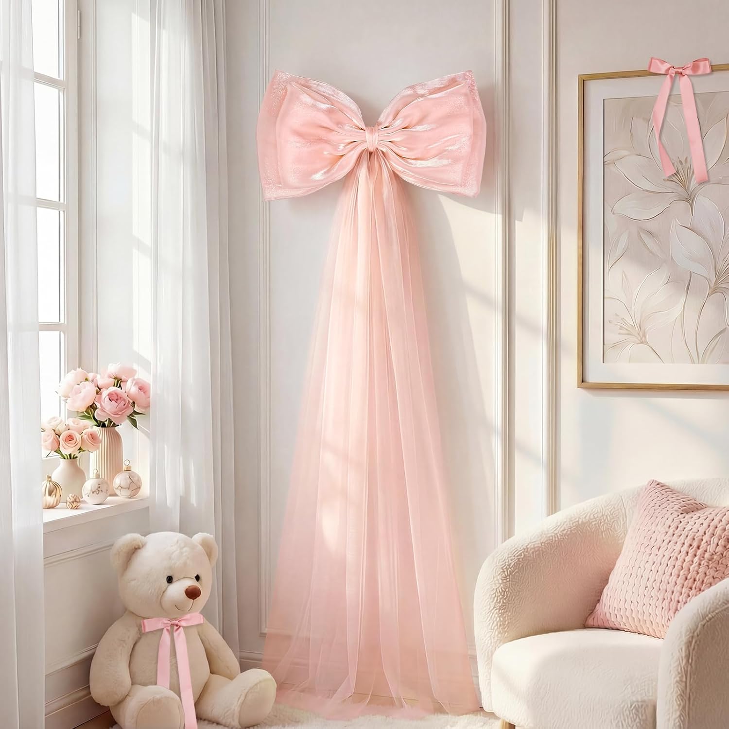 Skiennix 13Pcs Large Pink Pearl Silk Satin Bow Set - 17x55 Inch Giant Bow & 12 Small Satin Bows for DIY Decor