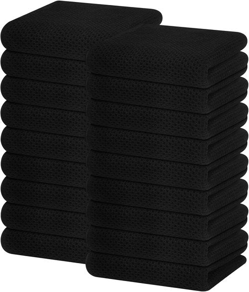 Homaxy Kitchen Dish Towels - 100% Cotton Waffle Weave, Ultra Soft & Absorbent, 13 x 28 Inches, 18-Pack | Black