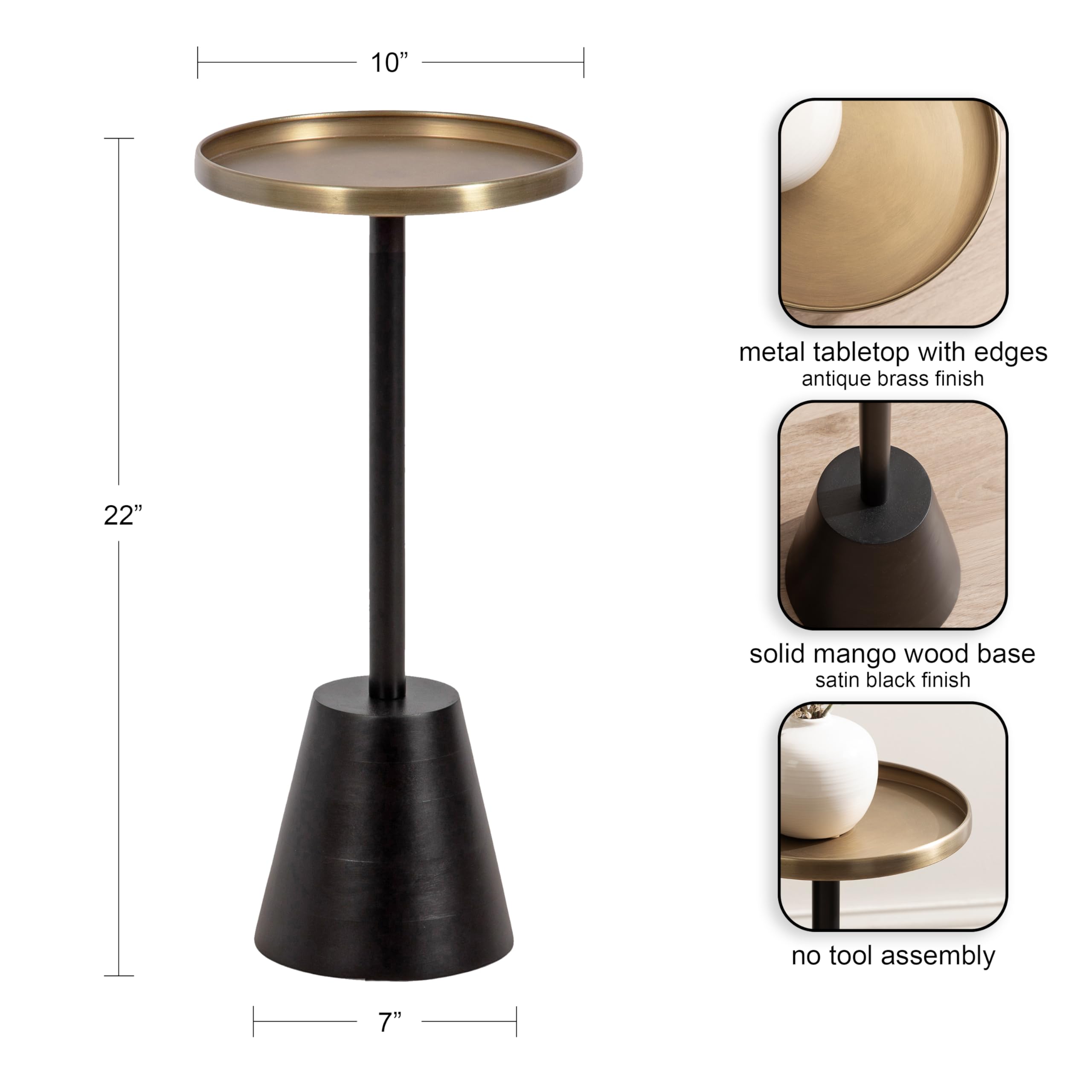 Kate and Laurel Tira Elegant Round Drink Table, 10 x 22, Antique Brass and Black, Vintage Glam Circle Martini Table for Use as a Small Bedroom Nightstand or Living Room Plant Stand Option
