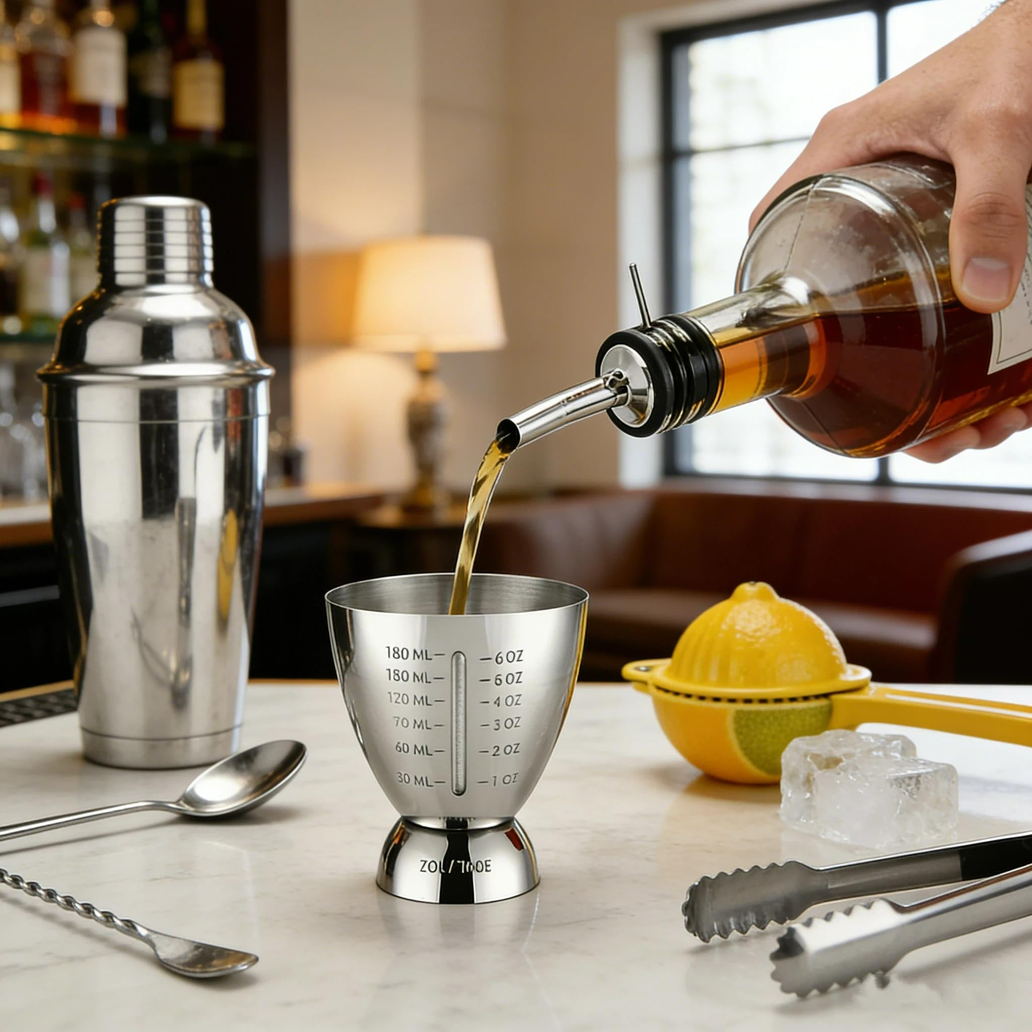 Homestia 18/8 Stainless Steel Double Jigger for Bartending, Cocktail Measuring Jigger for Bartender with Graduated Marking 1 oz to 6 oz Heavy Duty Shot Measure Cup With 1 Pourer (Set of 2)