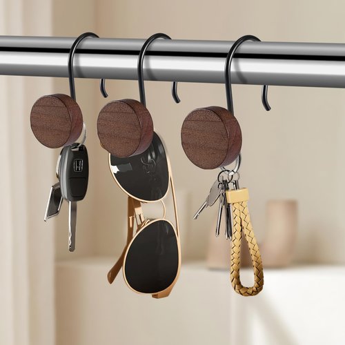 Akimomaty Walnut Wood Shower Curtain Hooks with Black Metal Rings, Set of 12 Decorative Hardware for Bathroom Rods