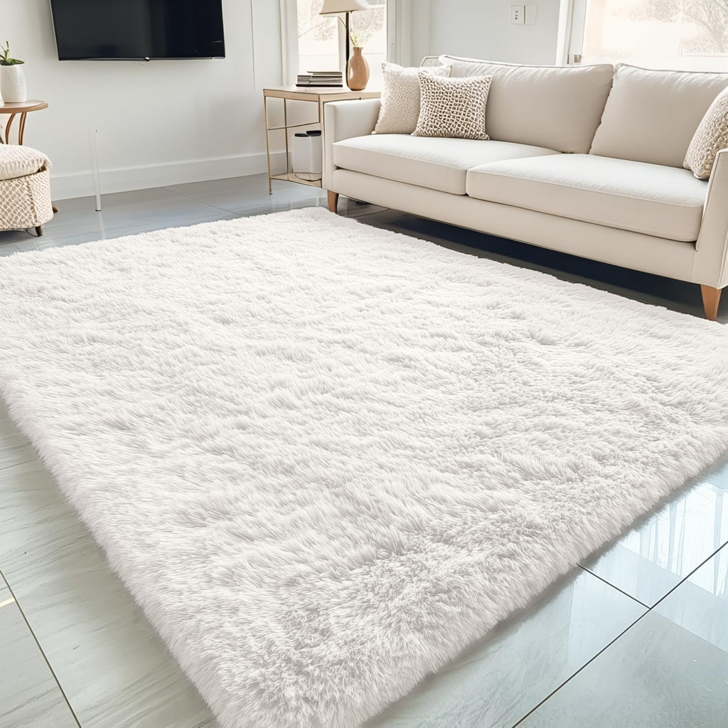 OLANLY Large Area Rug - Soft Fluffy Shaggy Carpet for Living Room & Bedroom | 5x9 Ivory Indoor Decor